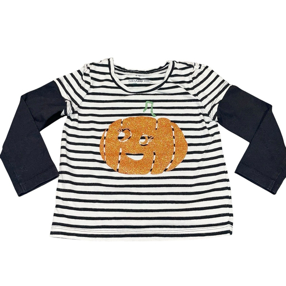 Baby Gap Girls Glitttery Jackolantern Black White Striped Long Sleeve Top 18/24M